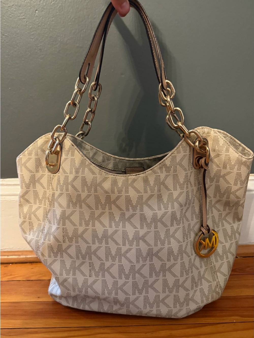 Michael Kors Cream MK Logo Shoulder Tote with Gold Hardware